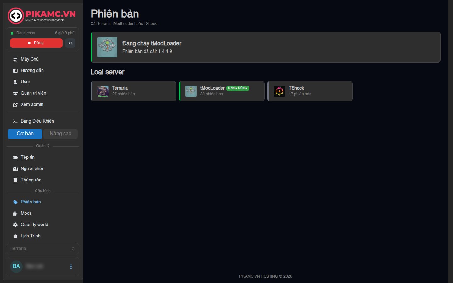 Đổi loại server một lần: Terraria thuần, tModLoader hoặc TShock — hàng chục phiên bản.