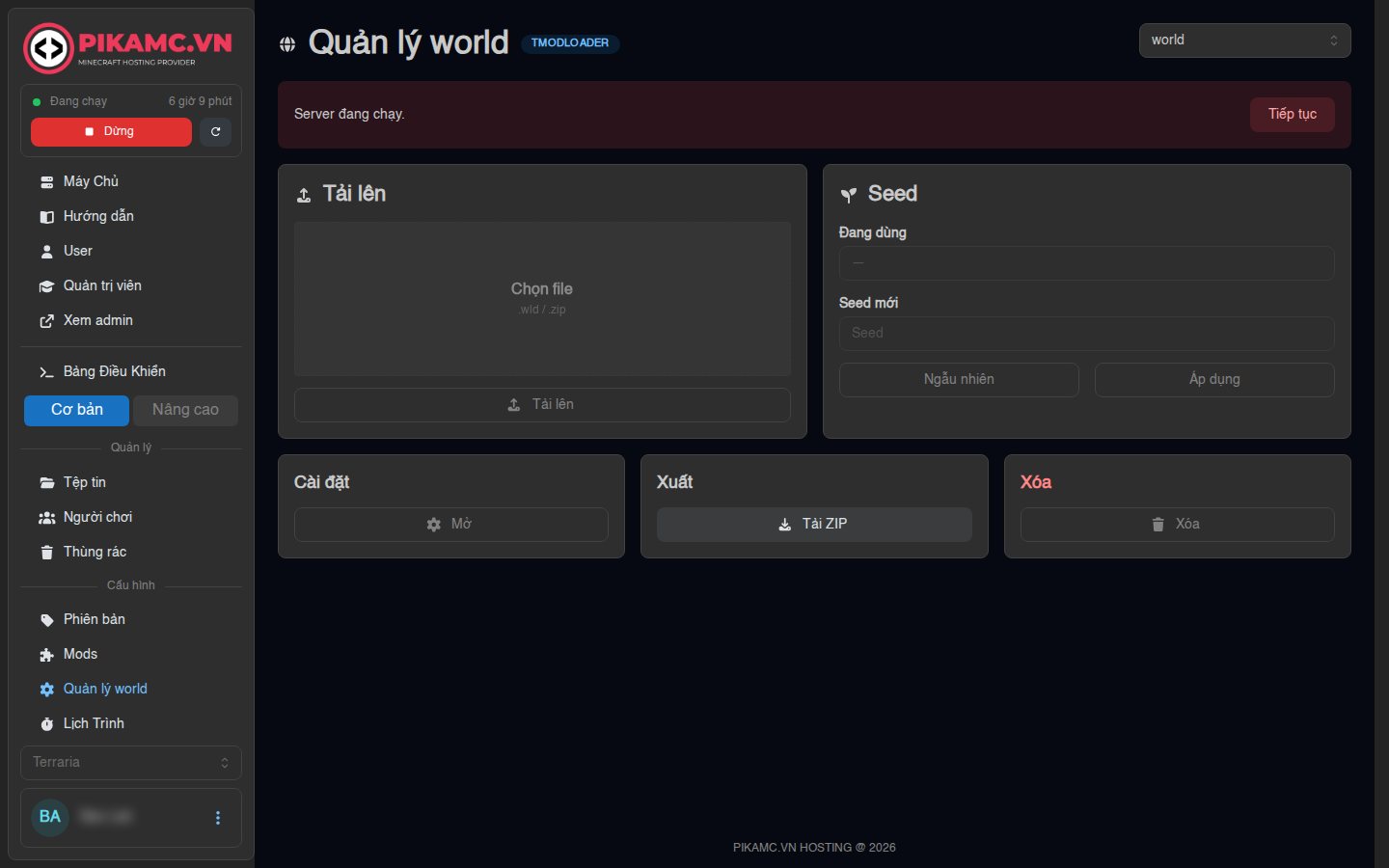 Quản lý world: tải .wld, đổi seed, xuất ZIP — giữ map khi đổi máy.
